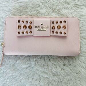 Kate Spade Pink Leather w/ Bow w/ Rhinestone zip around Long Wallet